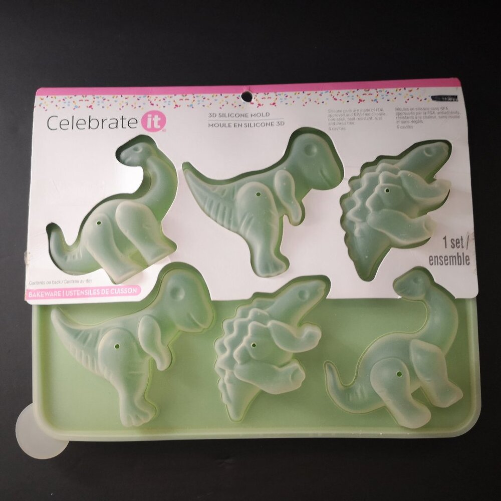 Celebrate It 3D Silicone Molds Dinosaur Shaped Bakeware w/ Lid 6 Cavities